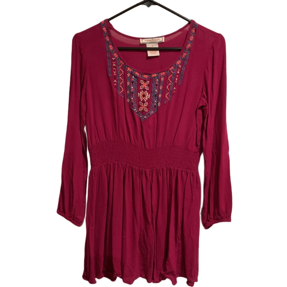 Flying Tomato Embroidered Dress Long Sleeve‎ Burgundy